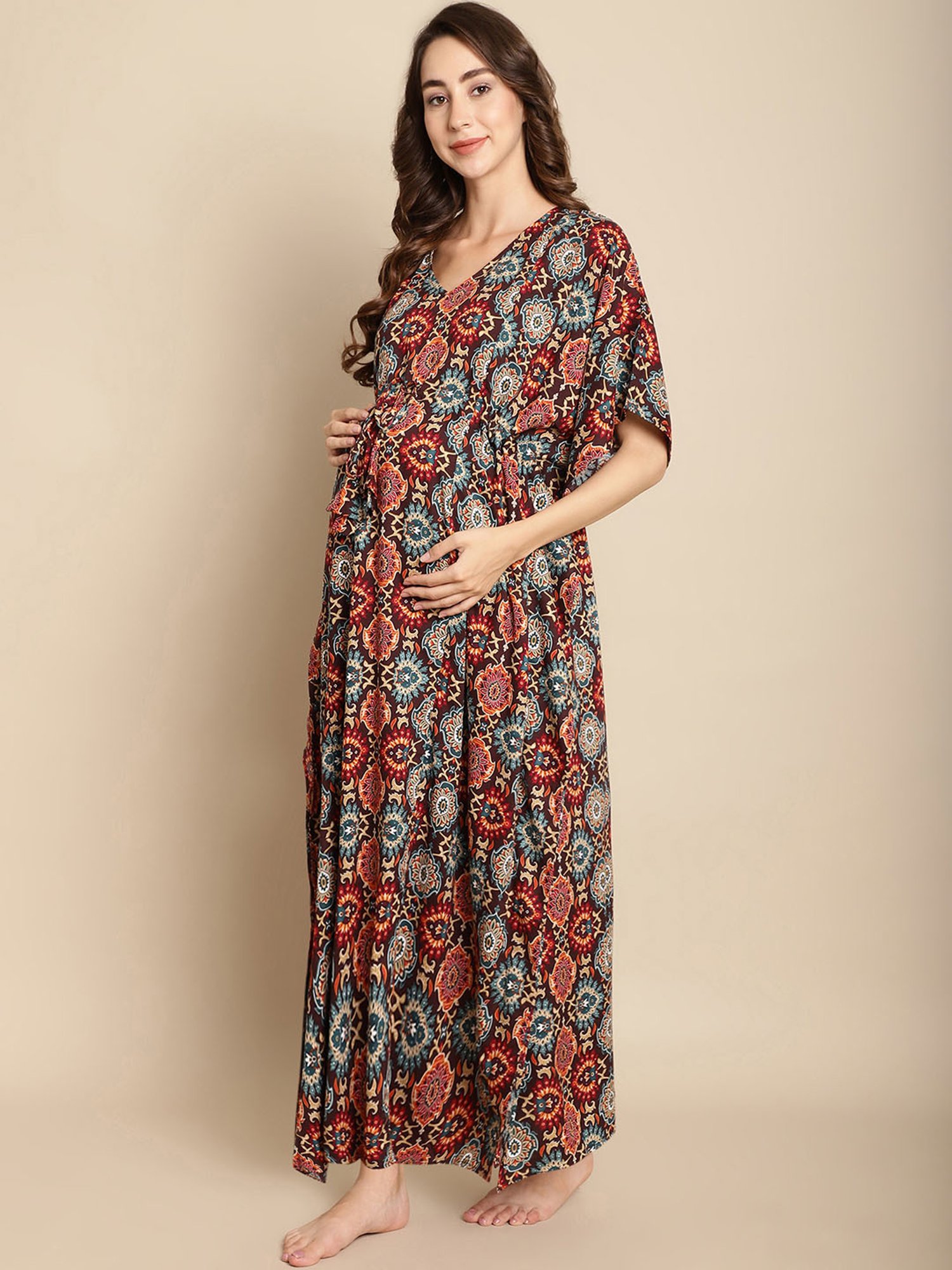 Secret Wish Maroon Printed Maternity Kaftan Nighty
