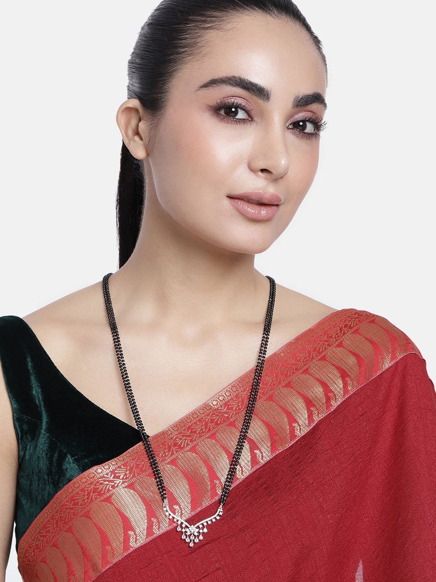 Abdesigns Silver-Plated American Diamond & Black Beaded Mangalsutra