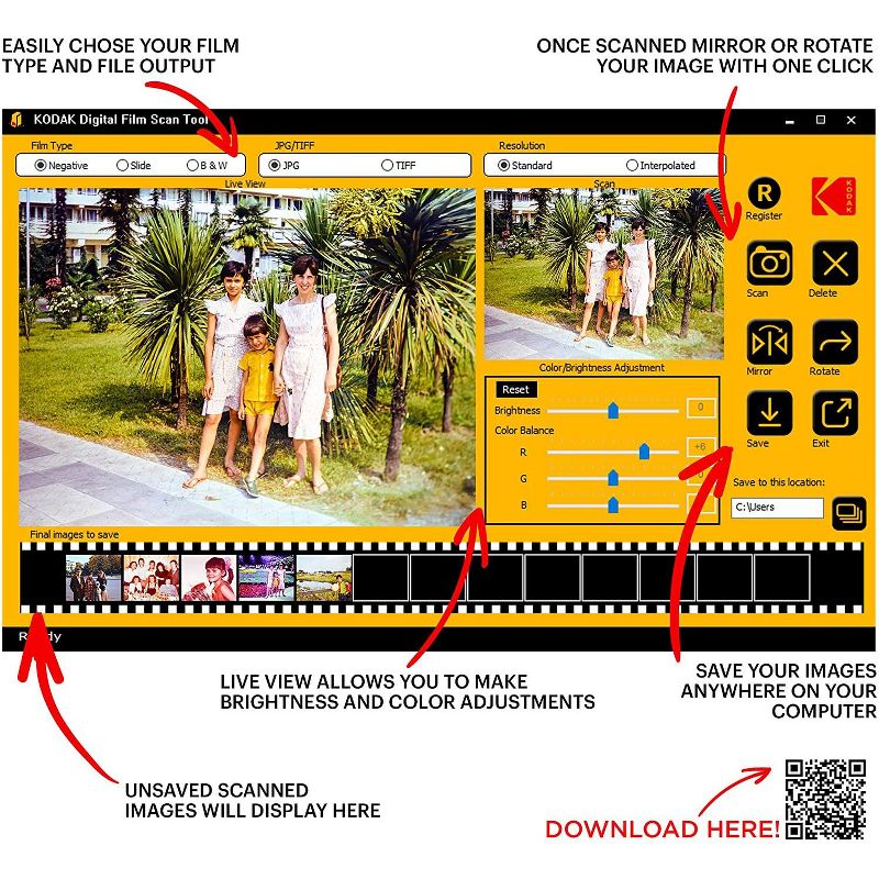 KODAK Film Scan Tool for PC and MAC &ndash; 5MP Digital Film Scanner Converts & Saves 35mm Film Negatives & Slides Directly on Your Computer with Capture and Edit Software, Easy-Load Film Inserts & More