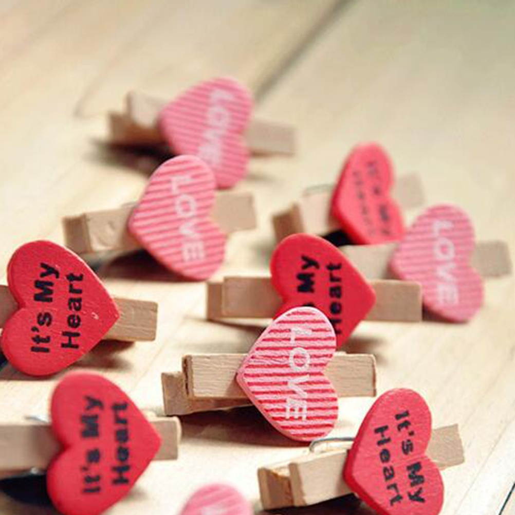 50PCS Decorative Wooden Clamp Clips Photo Clips Note Memo Holder Heart Shape Craft Clips for Party Decoration (Love)