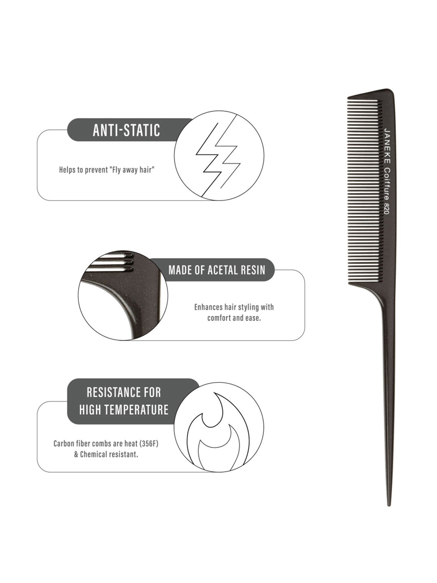 Janeke 1830 Professional Titanium Tail Hair Comb - 21 cm