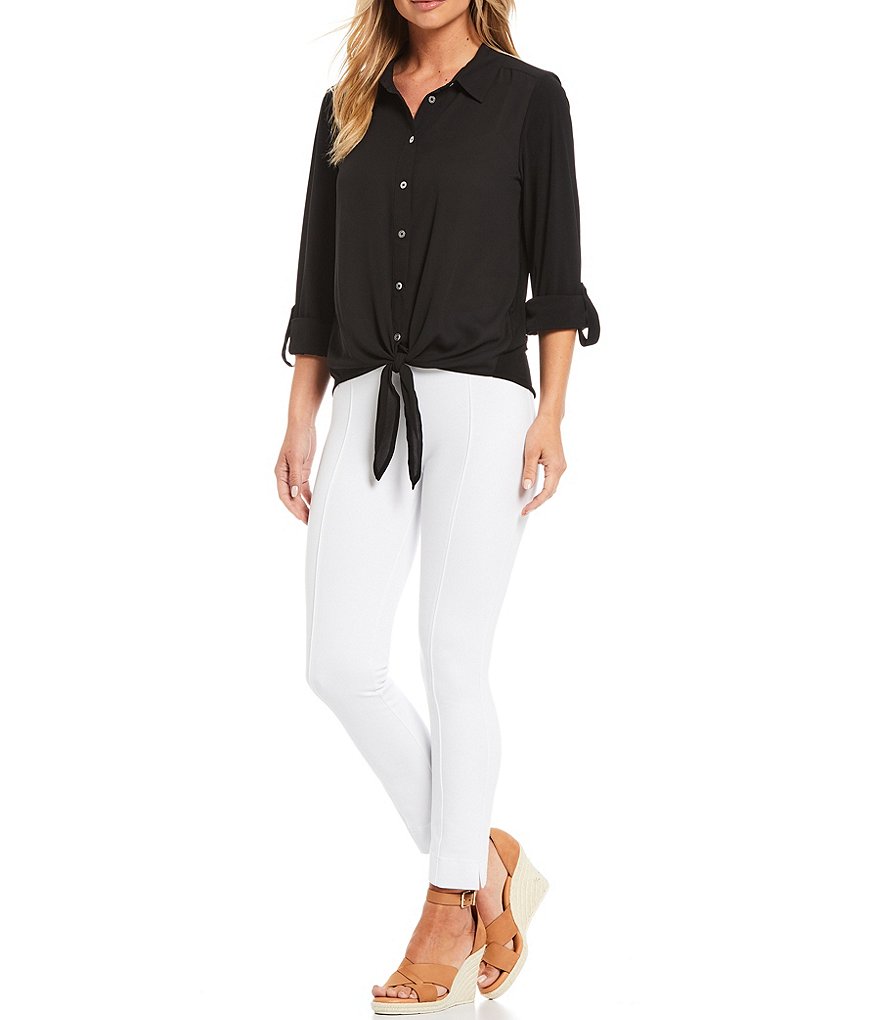 Slim Factor by Investments Hannah Point Collar Neck Roll-Tab 3/4 Sleeve Button Down Tie-Front Top