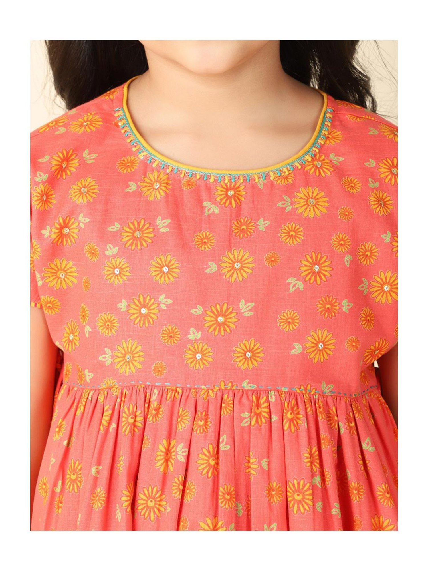 Fabindia Kids Coral & Yellow Floral Print Kurta, Salwar with Dupatta