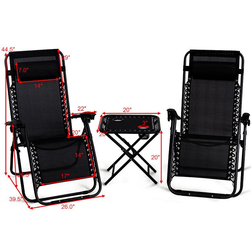 Costway 3PC Zero Gravity Reclining Lounge Chairs Table Pillows Folding Portable Black