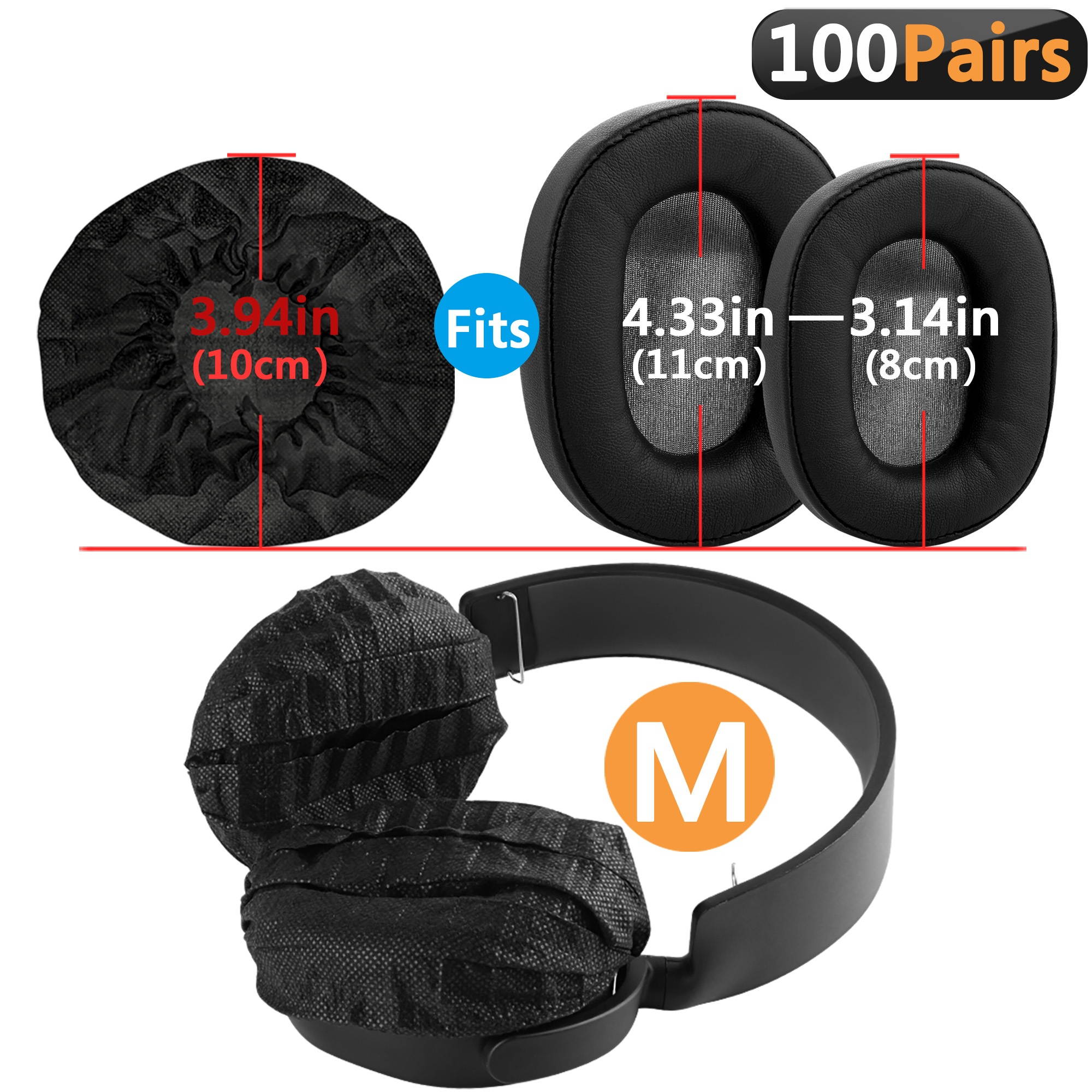 Geekria 100 Pairs Medium Disposable Headphone Covers/ Earphone Covers / Ear Pads Protector/ Stretchable Sanitary Earcup, Fits 3.14"-4.33" Headsets, Like Bose QC35 II, SONY WH-1000XM3 (Black)
