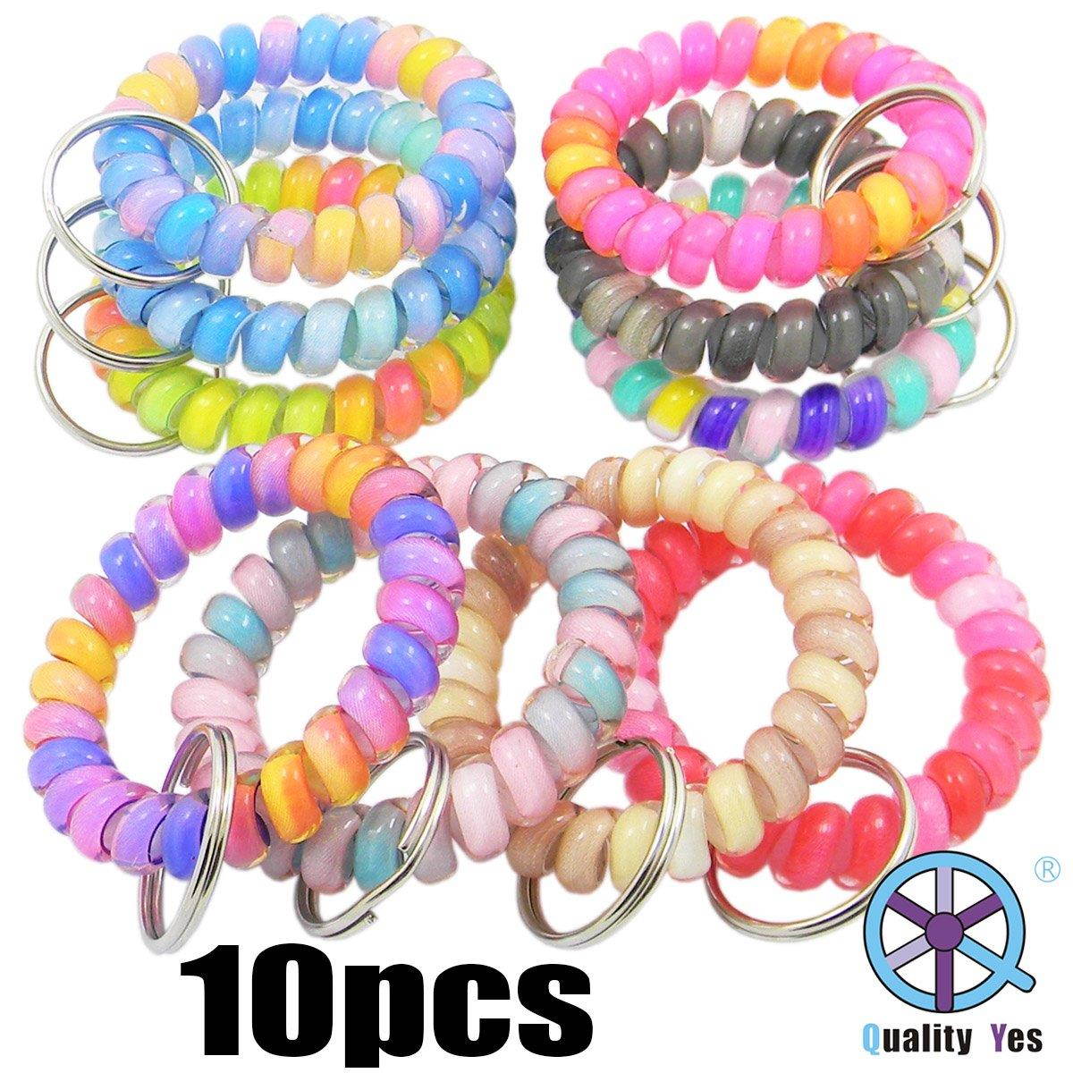 QY 10PCS Colorful Bright Assorted Colors Plastic Spiral Coil Wrist Band Key Ring Chain (Pattern O)