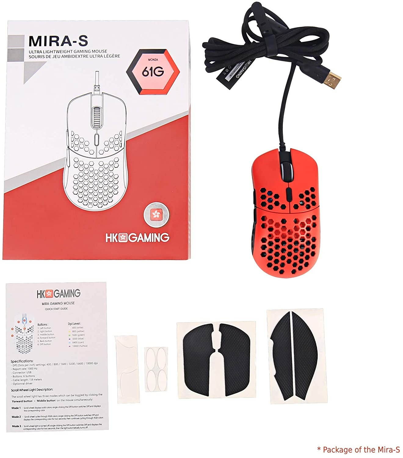 HK Gaming Mira M Ultra Lightweight Honeycomb Shell Wired RGB Gaming Mouse - Up to 12 000 cpi | 6 Buttons - 63g Only (Mira-M Monza Red)