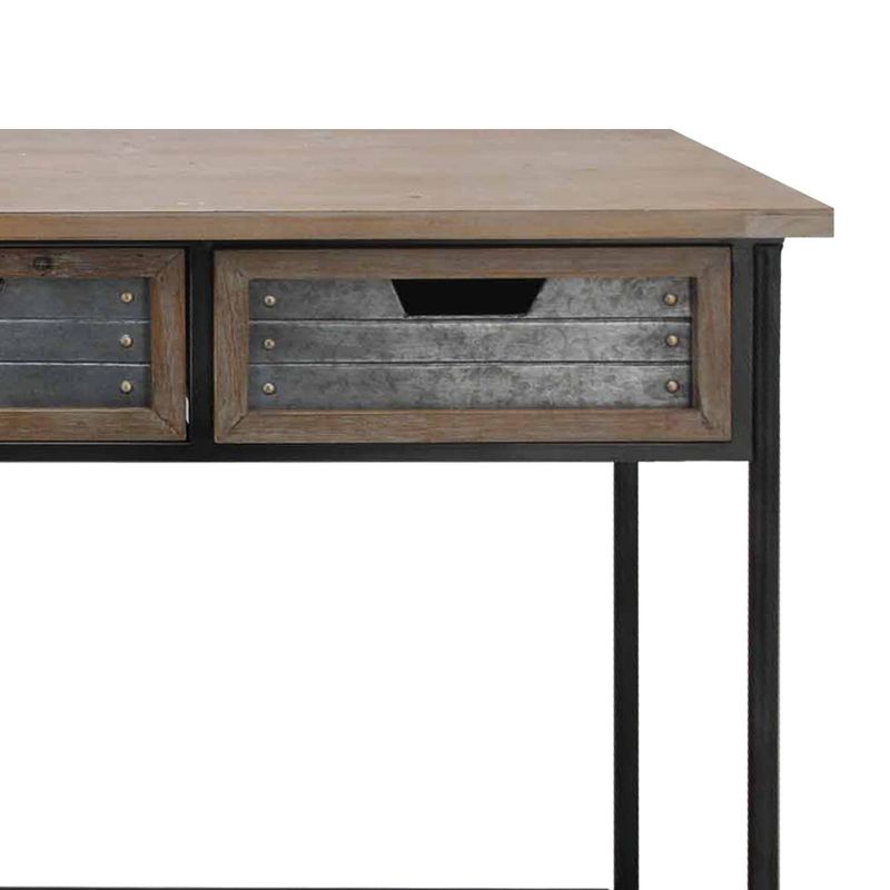 Caster Supported 3 Drawer Wood and Metal Console Table Brown/Black - Benzara