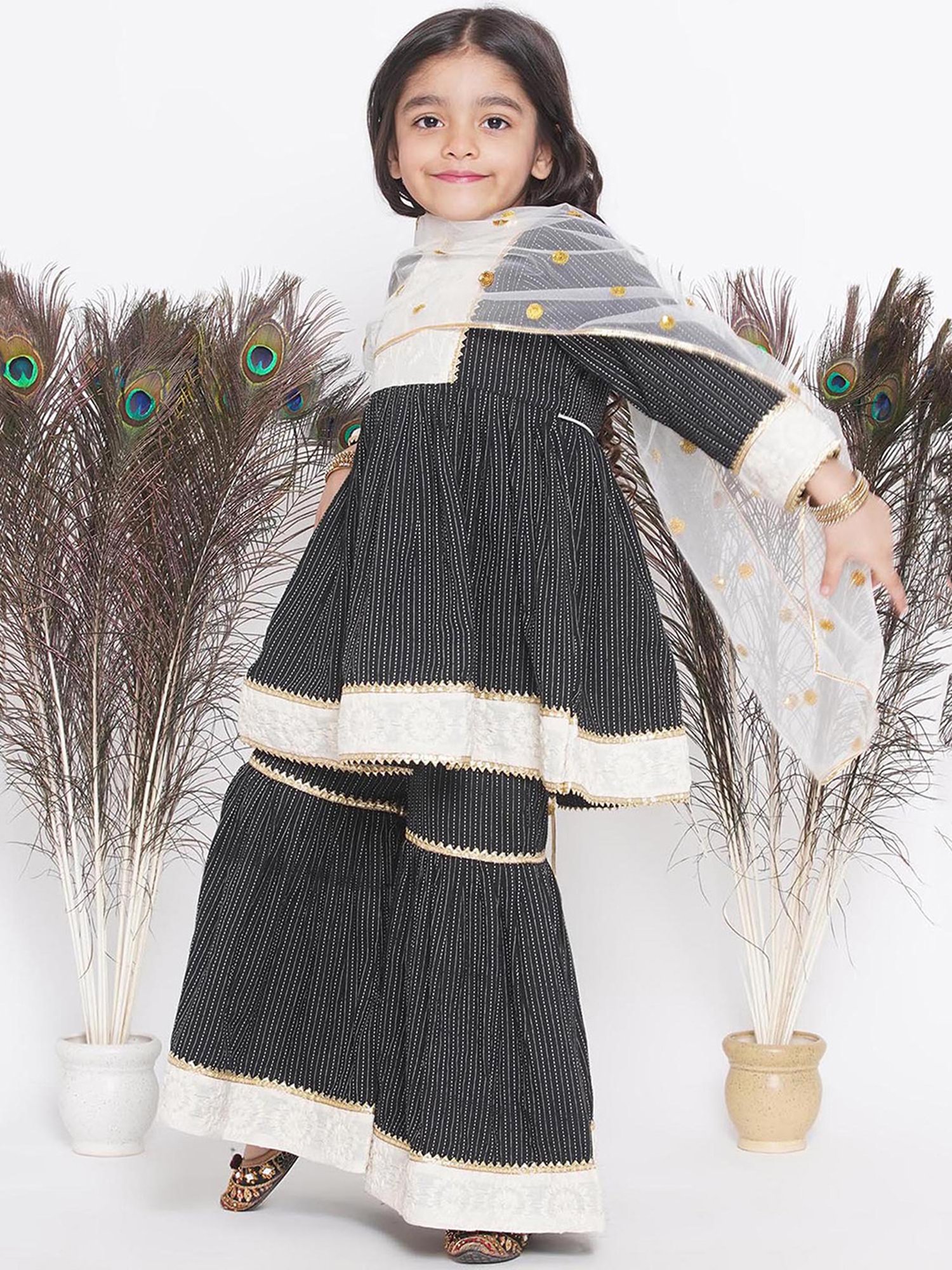 Little Bansi Kids Black & White Embroidered Kurta, Sharara, with Dupatta