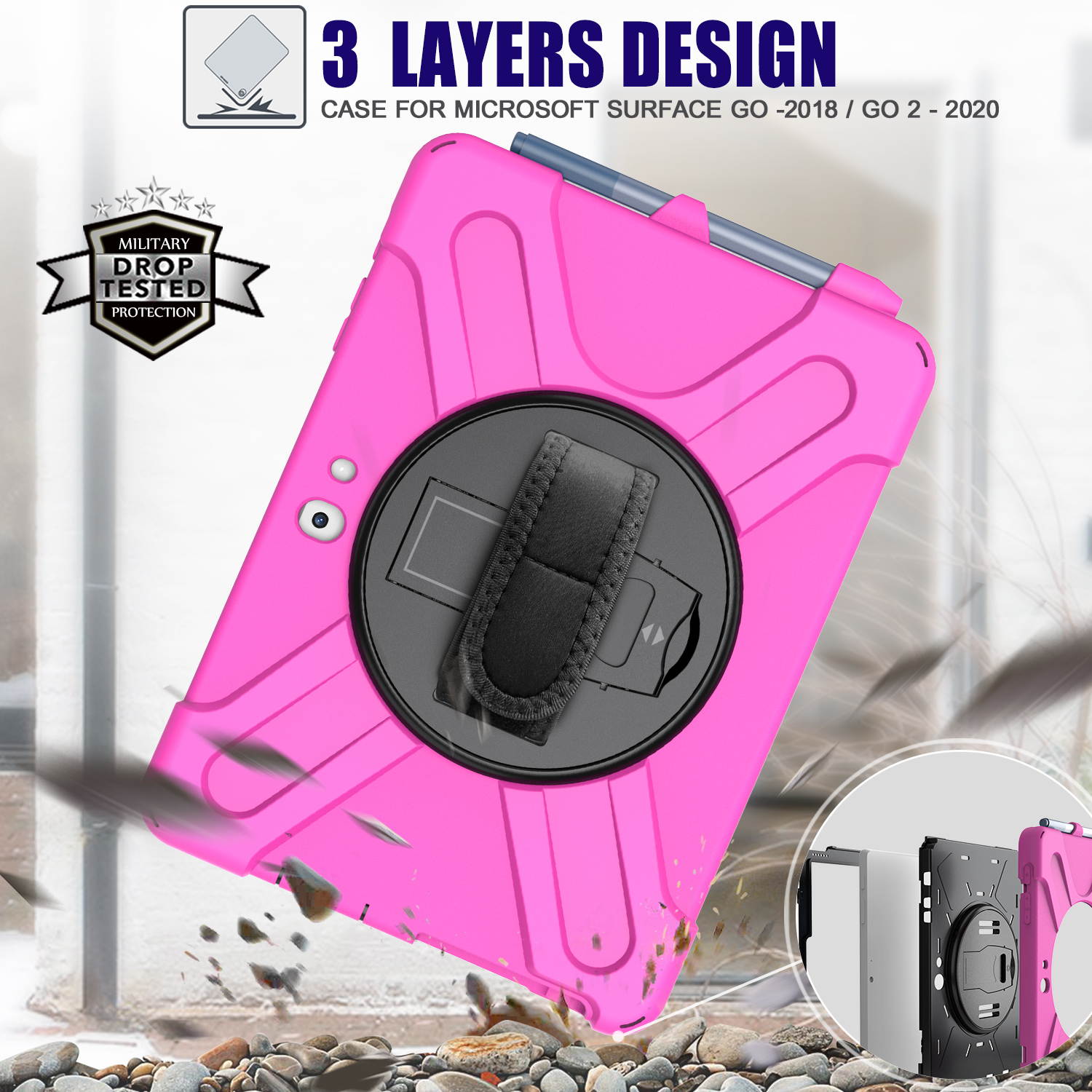 Case for Microsoft Surface Go 2 10.5 inch 2020 / Surface Go 10 inch 2018 with with Pen Holder, Hand Strap & Shoulder Strap Shockproof Protective Stand Cover