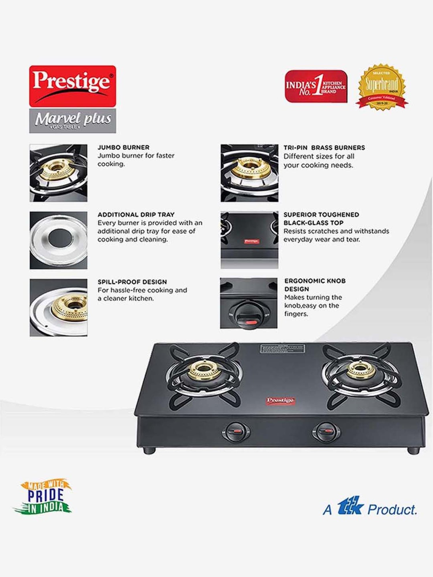 Pigeon Blackline Smart Black Glass Manual Gas Stove (2 Burners)