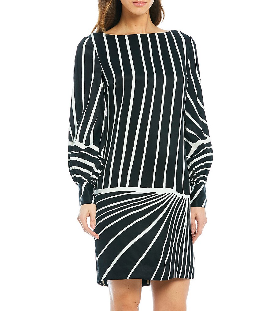 Trina Turk Decor Stripe Placed Print Bateau Neck Balloon Long Sleeve Dress