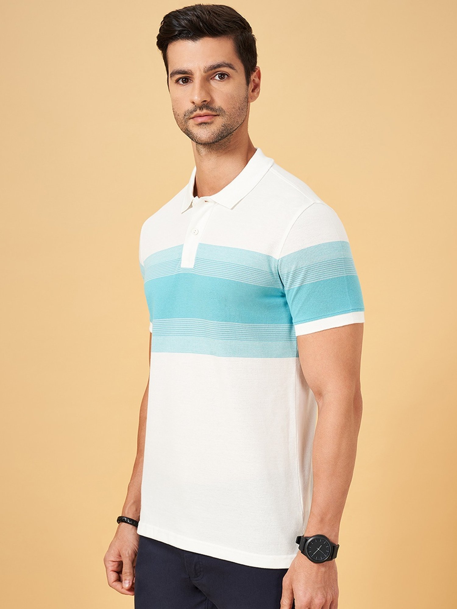 Byford By Pantaloons White Slim Fit Striped Polo T-Shirt