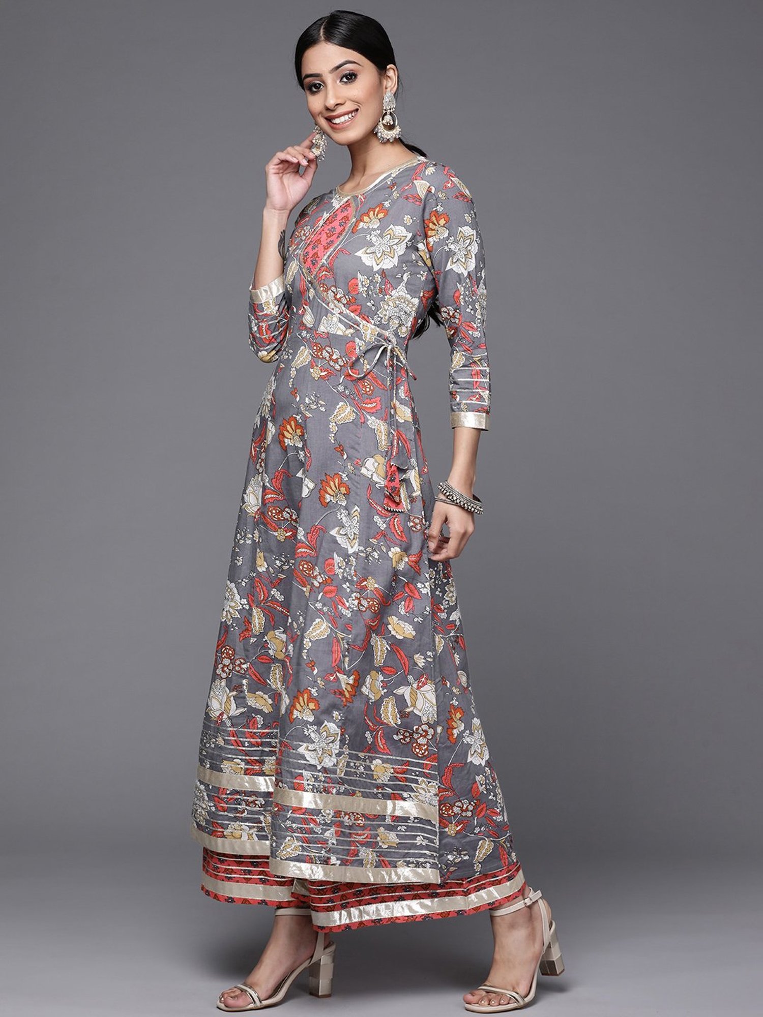 KSUT Grey & Pink Cotton Printed Kurta Palazzo Set