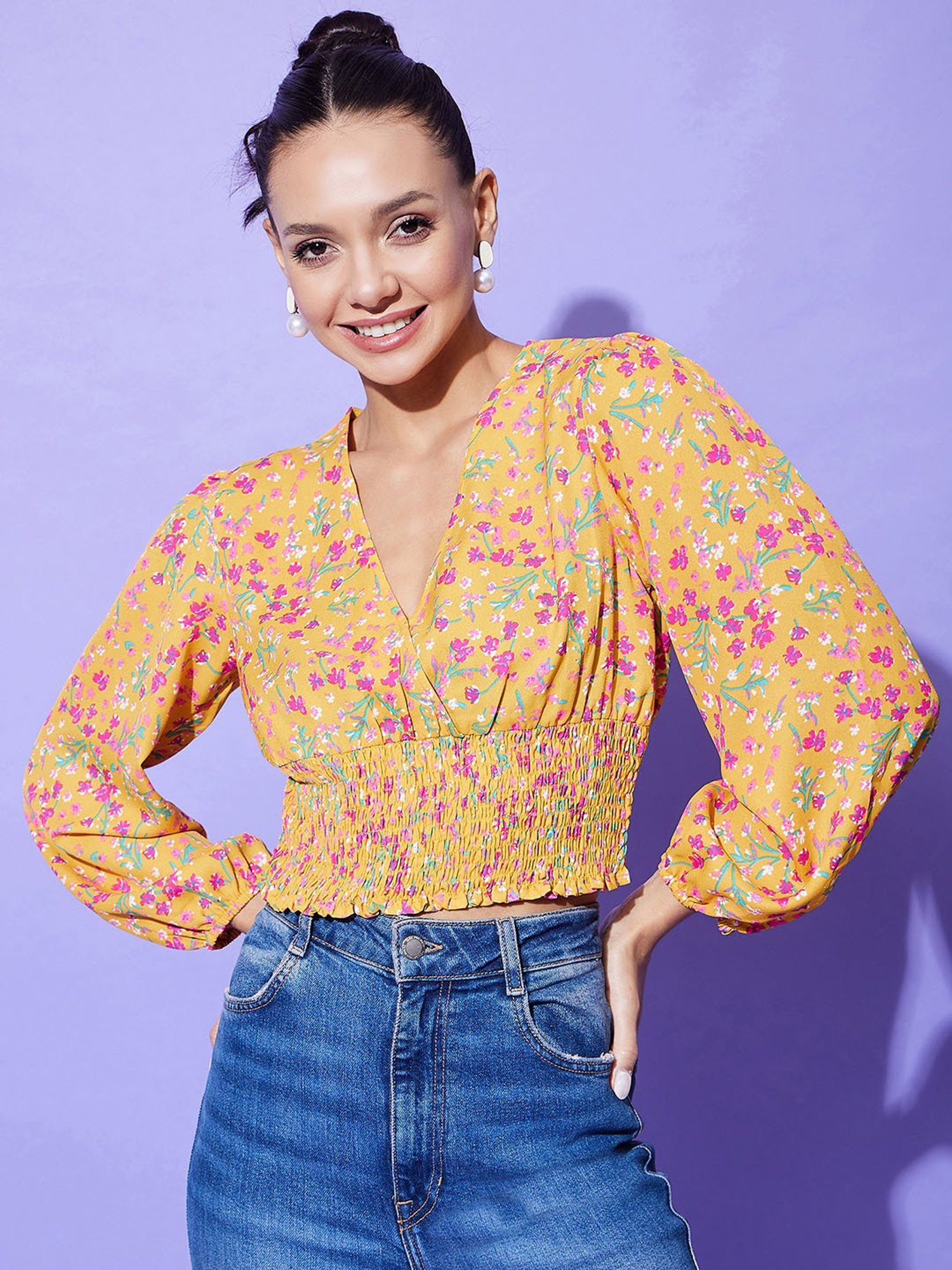 StyleStone Yellow Printed Crop Top