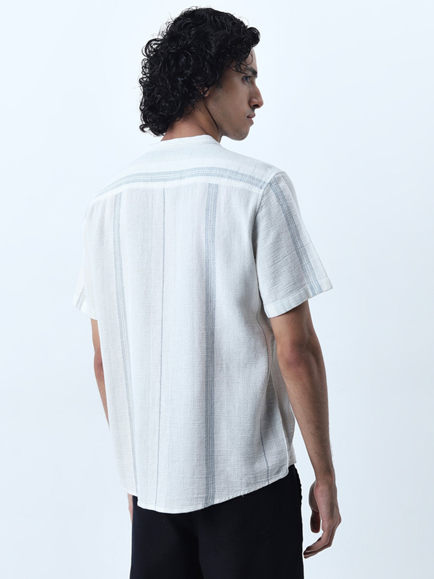 ETA by Westside Light Teal Striped Knitted Resort-Fit Cotton Shirt