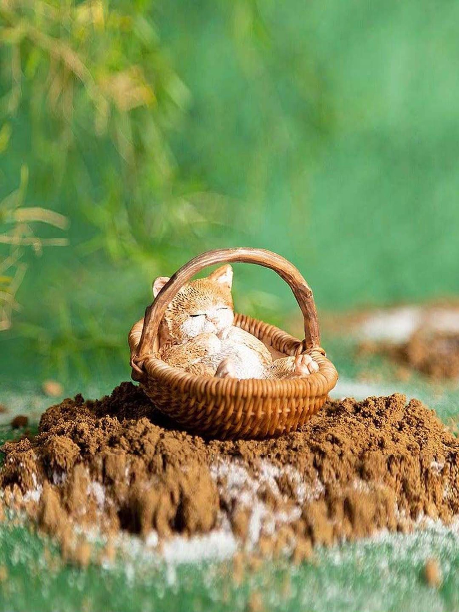 Home4U Light Brown Polyresin 6.4 cm Little Cat In Basket Showpiece - Set of 1