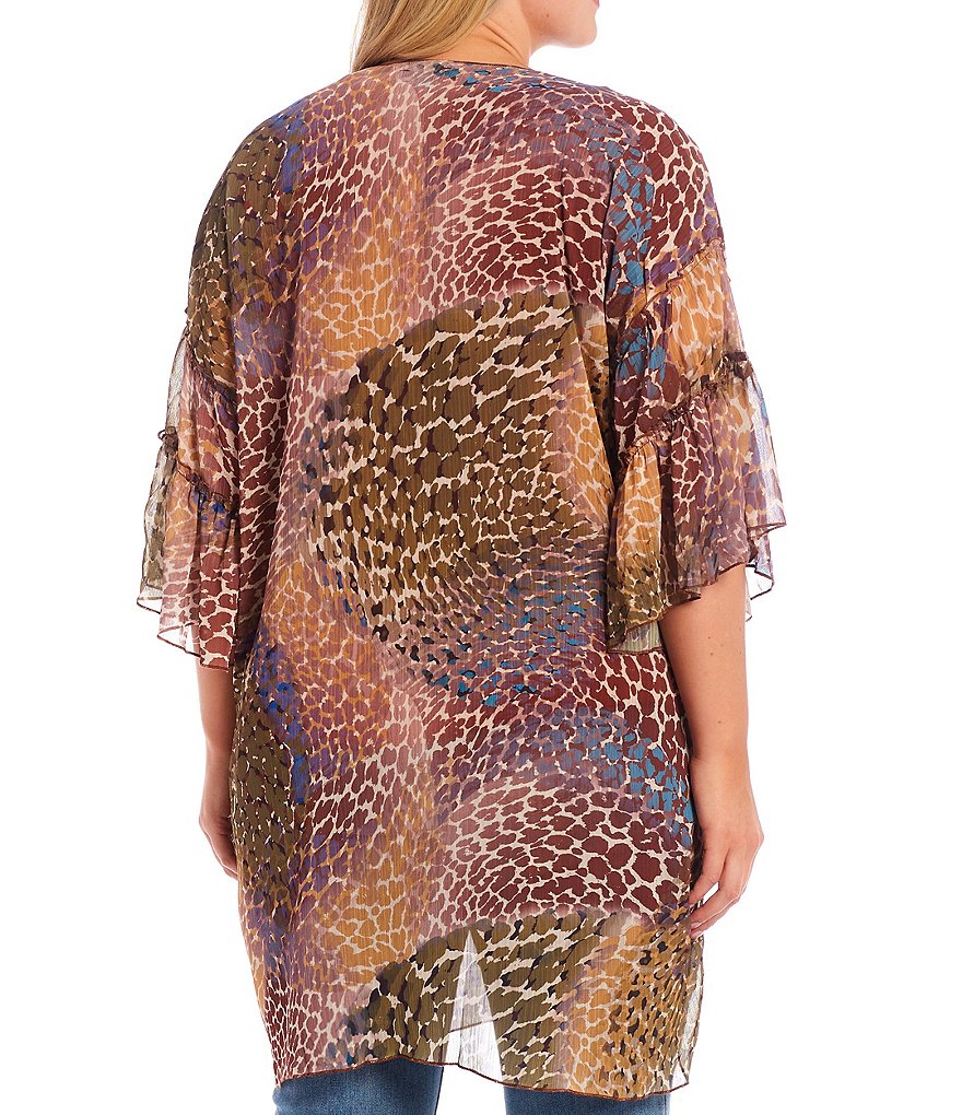 Democracy Plus Size Giraffe Patchwork Print 3/4 Ruffle Sleeve Open-Front Kimono