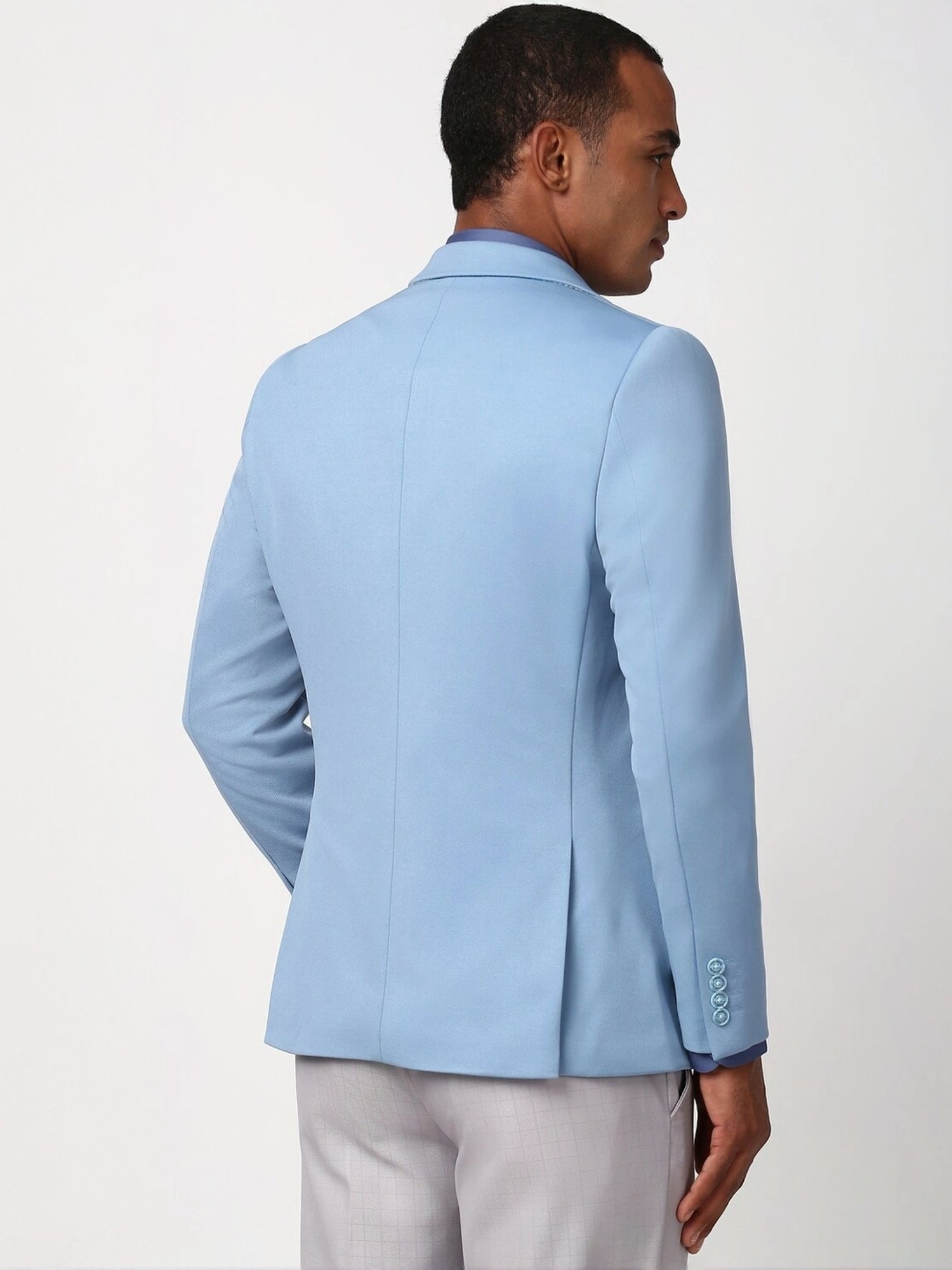 Peter England Blue Cotton Slim Fit Self Pattern Blazer