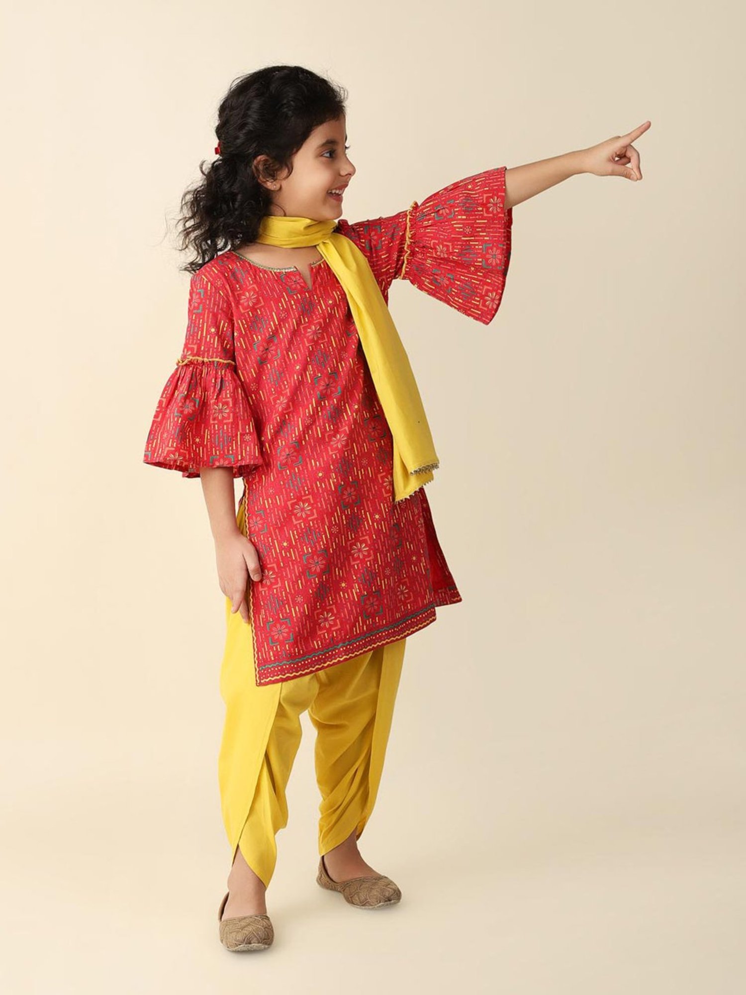 Fabindia Kids Red & Yellow Printed Kurta, Salwar with Dupatta