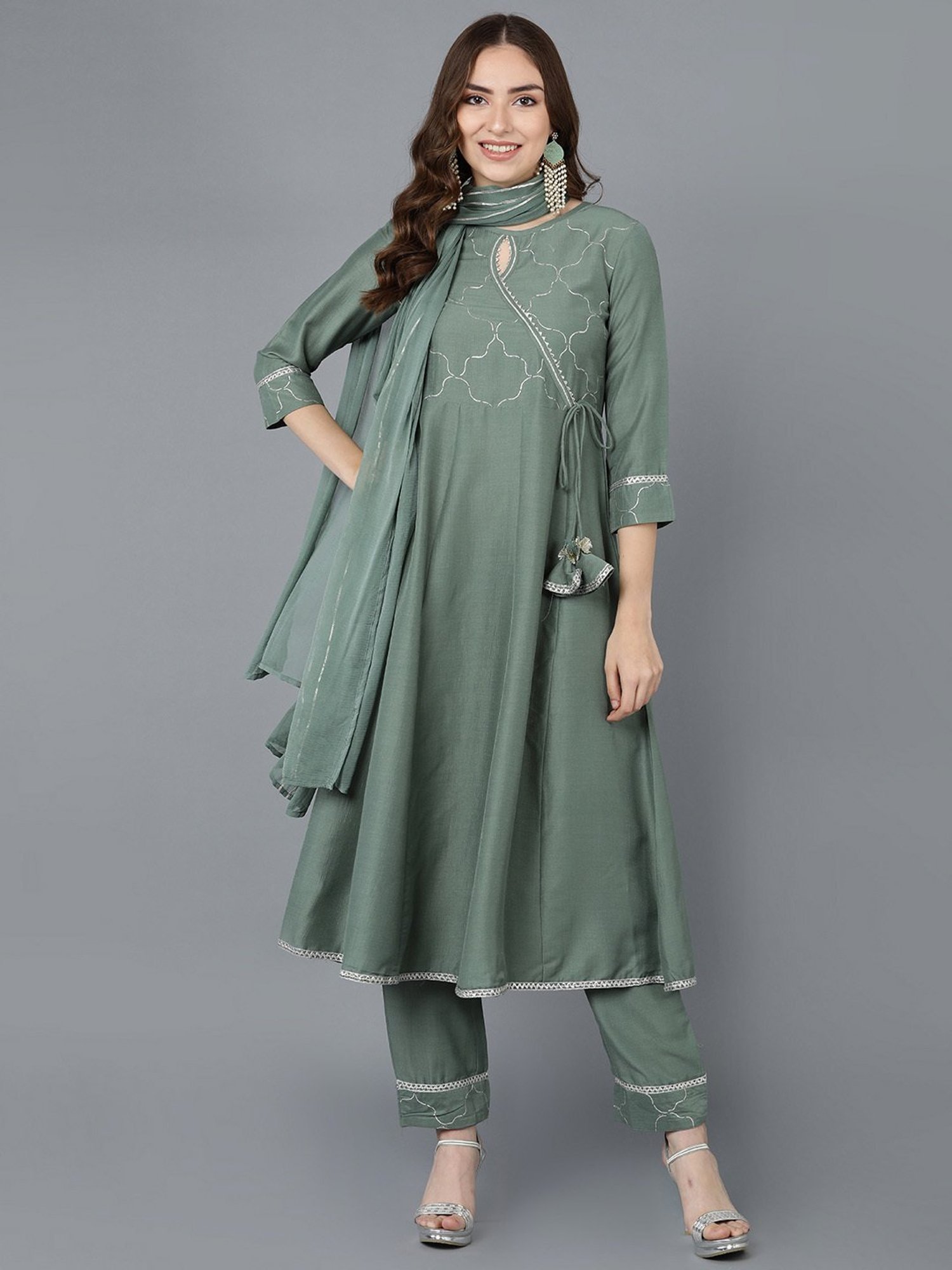 Vaamsi Teal Green Zari Work Kurta Pant Set With Dupatta