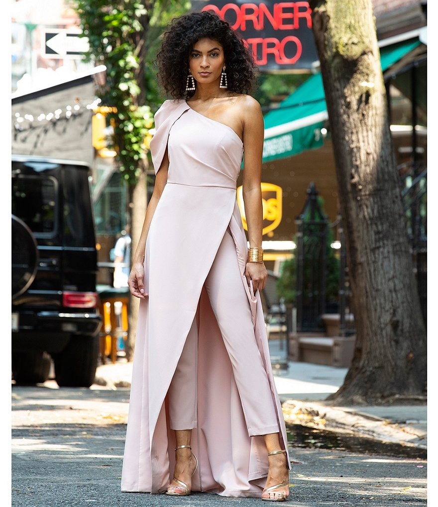 Kay Unger Bijou One-Shoulder Neck Short Elbow Sleeve Stretch Crepe Walk-Through Jumpsuit