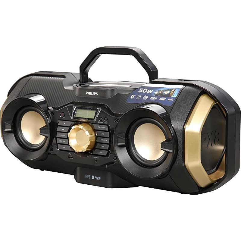 CD Player Boombox CDCDRCDRW Portable wBluetooth USB AMFM Radio Aux LineInput Headset Jack Foldable Carrying Handle and LED Light Phantom Black