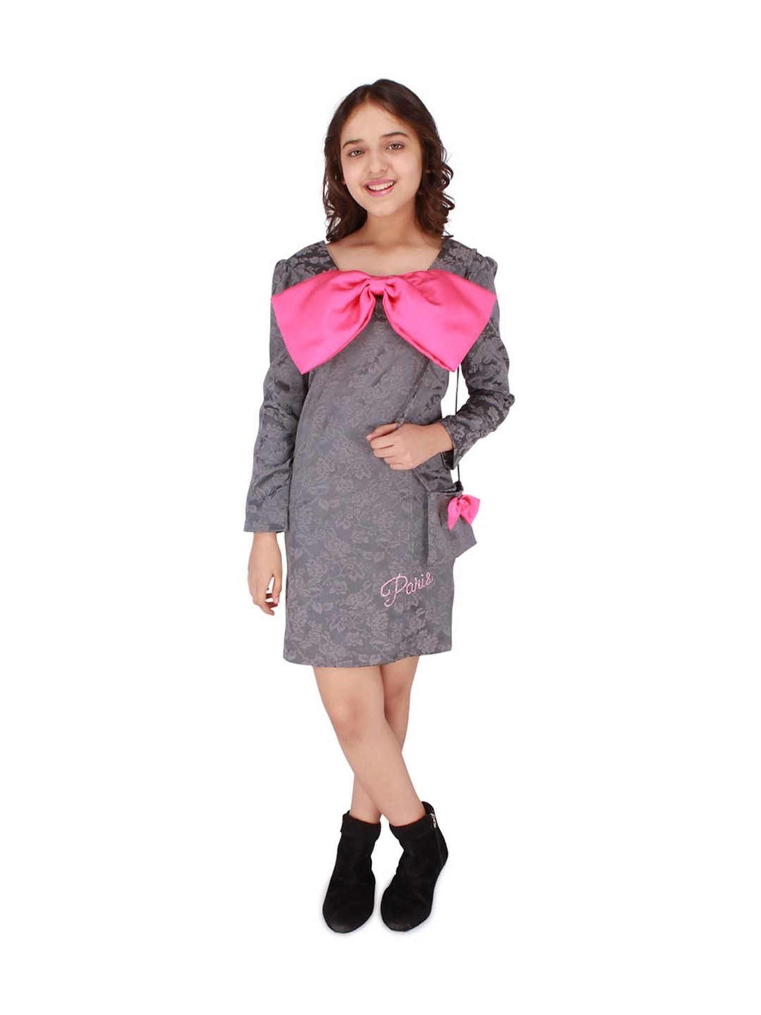 Cutecumber Kids Grey & Pink Printed Full Sleeves Dress