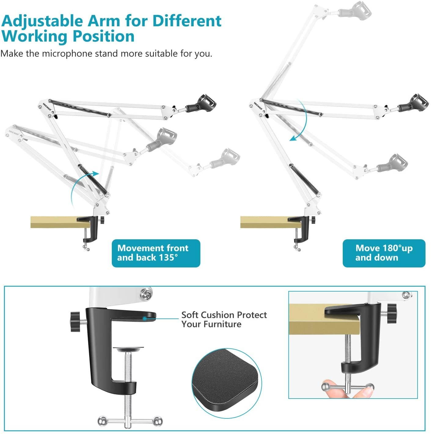 Adjustable Microphone Suspension Boom Scissor Arm Stand, Max Load 1 KG Compact Mic Stand Made of Durable Steel for Stages, TV Stations(White)