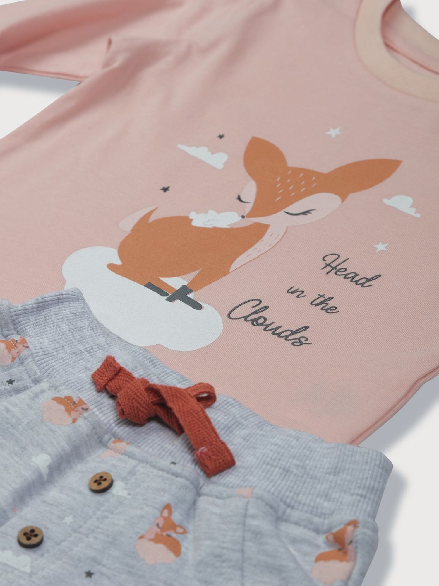 GJ baby Kids Peach & Grey Cotton Graphic Full Sleeves T-Shirt Set