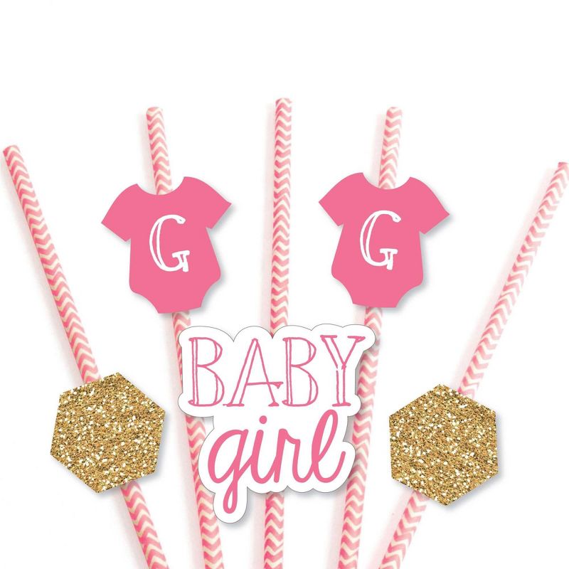 Big Dot of Happiness Baby Girl Paper Straw Decor - Baby Shower Striped Decorative Straws - Set of 24