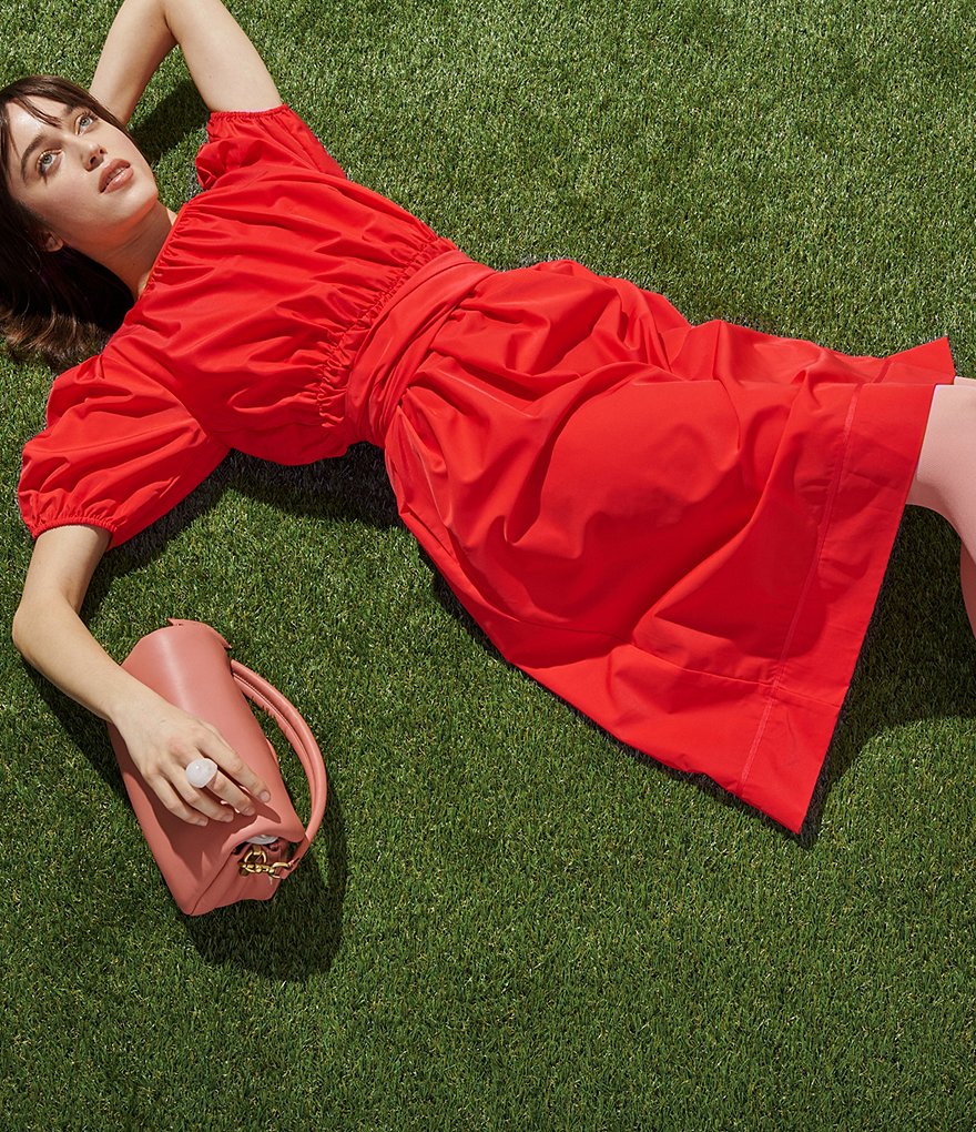 LDT Connie Front Tie Short Sleeve Blouson Midi Dress