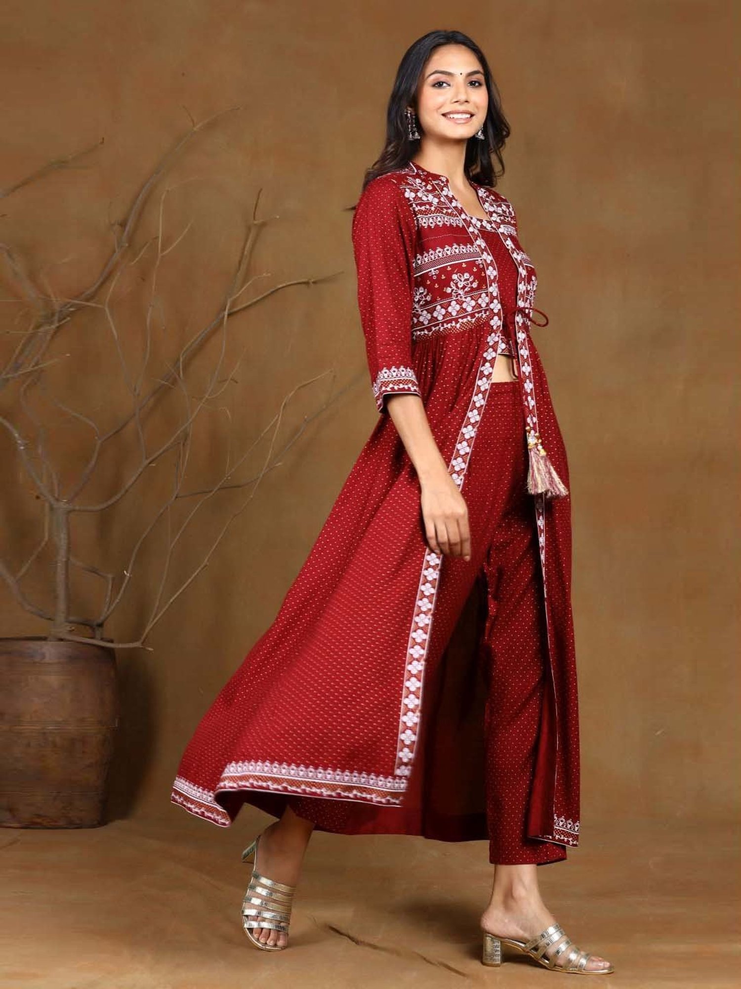 Juniper Maroon Ethnic Motif Printed Rayon Jacket Style Kurta & Pants Set