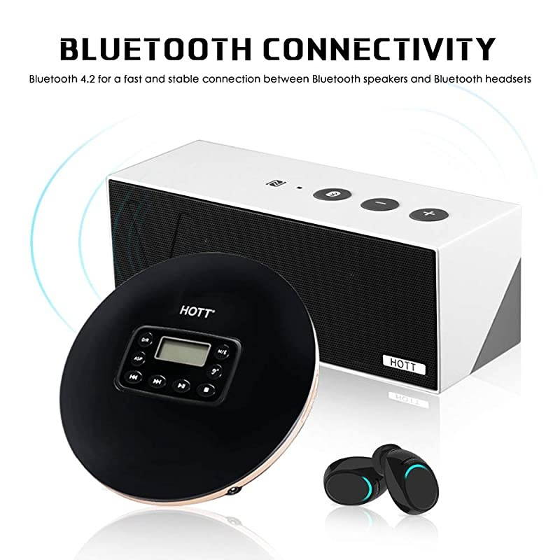 CD711T Bluetooth Rechargeable Portable CD Player for Home Travel and Car with Stereo Headphones and, Anti Shock Protection-Black