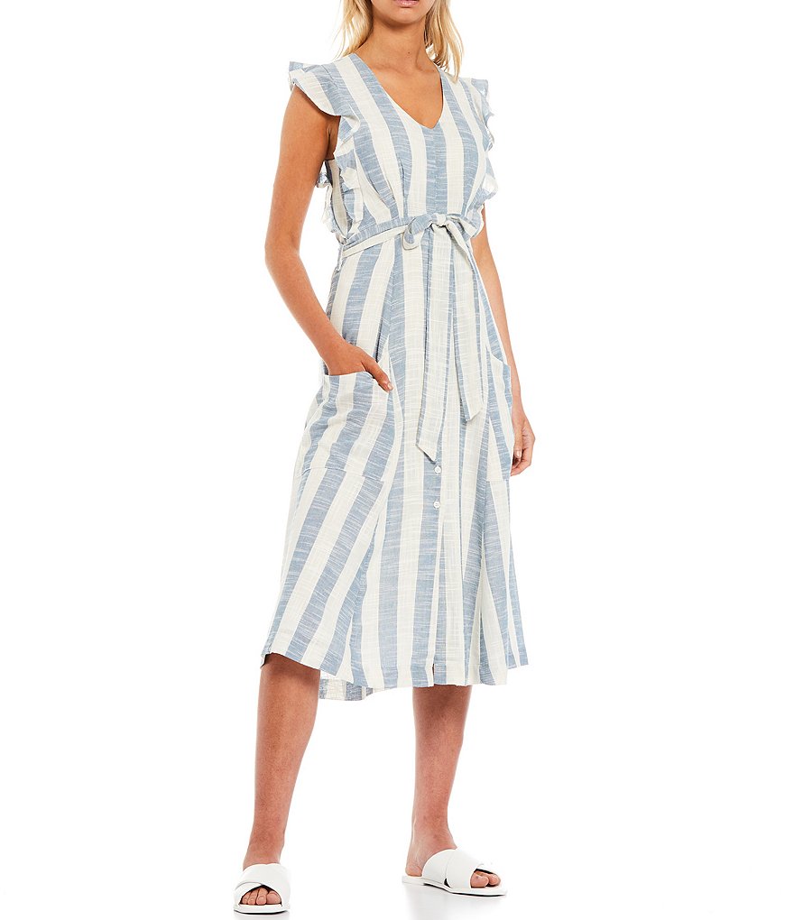 Sugarlips Positano Striped V-Neck Ruffle Sleeveless Button Front Sash Belted Midi Dress