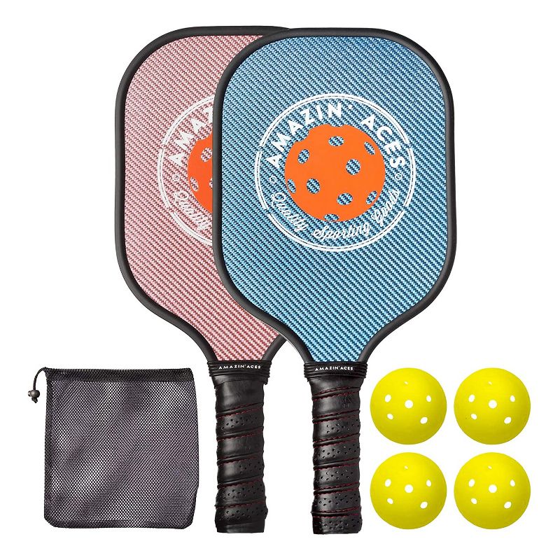 Amazin Aces Classic Pickleball Set with 2 Graphite Face Paddles, 4 Balls, and Carry Bag, Blue & Pink