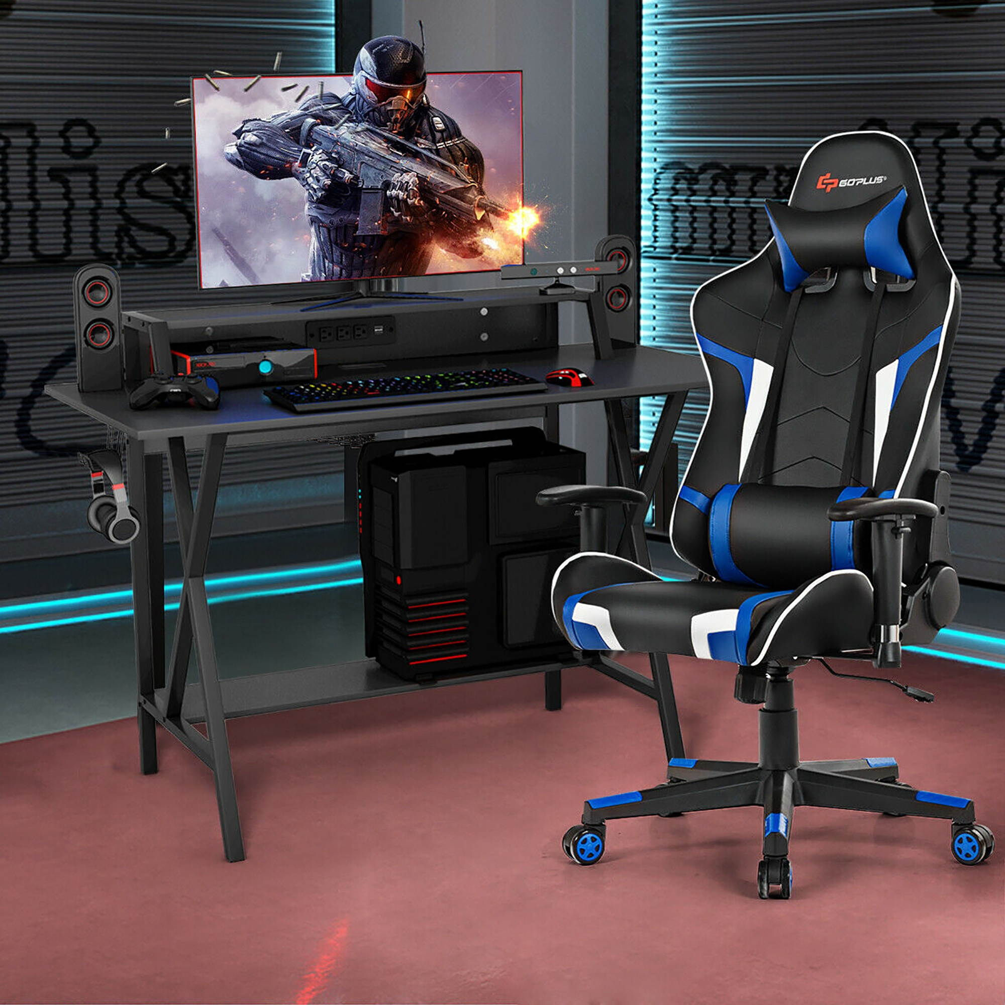 Goplus Gaming Computer Desk&Massage Gaming Chair Set w/Monitor Shelf Power Strip Blue