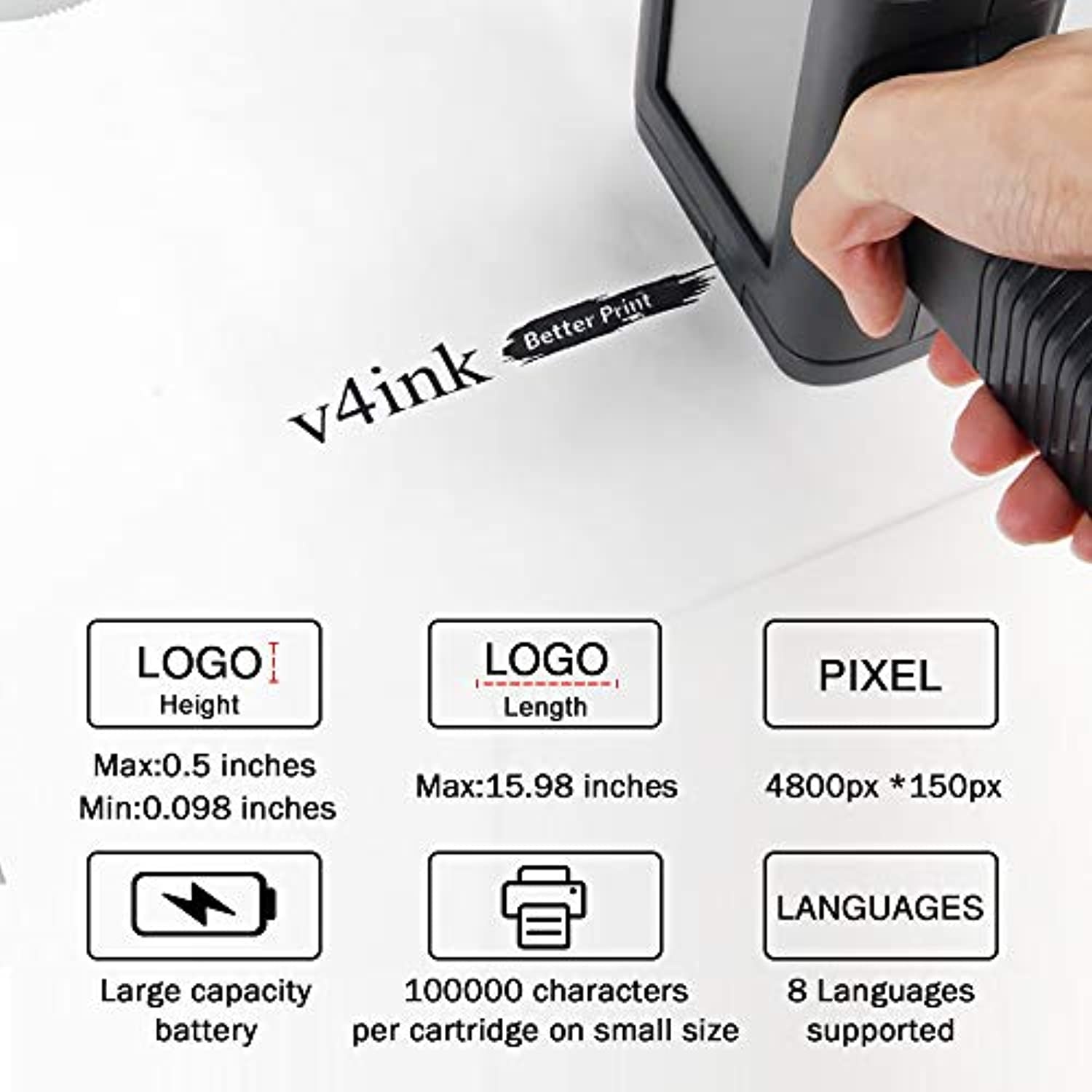 v4ink BENTSAI Portable Handheld Printer Labeler BT-HH6105B2 with 4.3 Inch HD LED Touch Screen use for QR-Code Barcode Production Date Logo Batch Series Number Print on Card Bag Box Wood Glass  (v4ink)