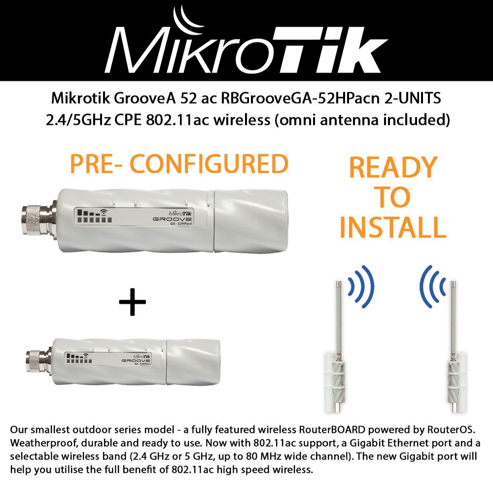 Mikrotik GrooveA 52 ac RBGrooveGA-52HPacn 2-UNITS 2.4/5GHz CPE with 802.11ac and Gigabit Ethernet with Omni antenna PRE-CONFIGURED / READY TO INSTALL
