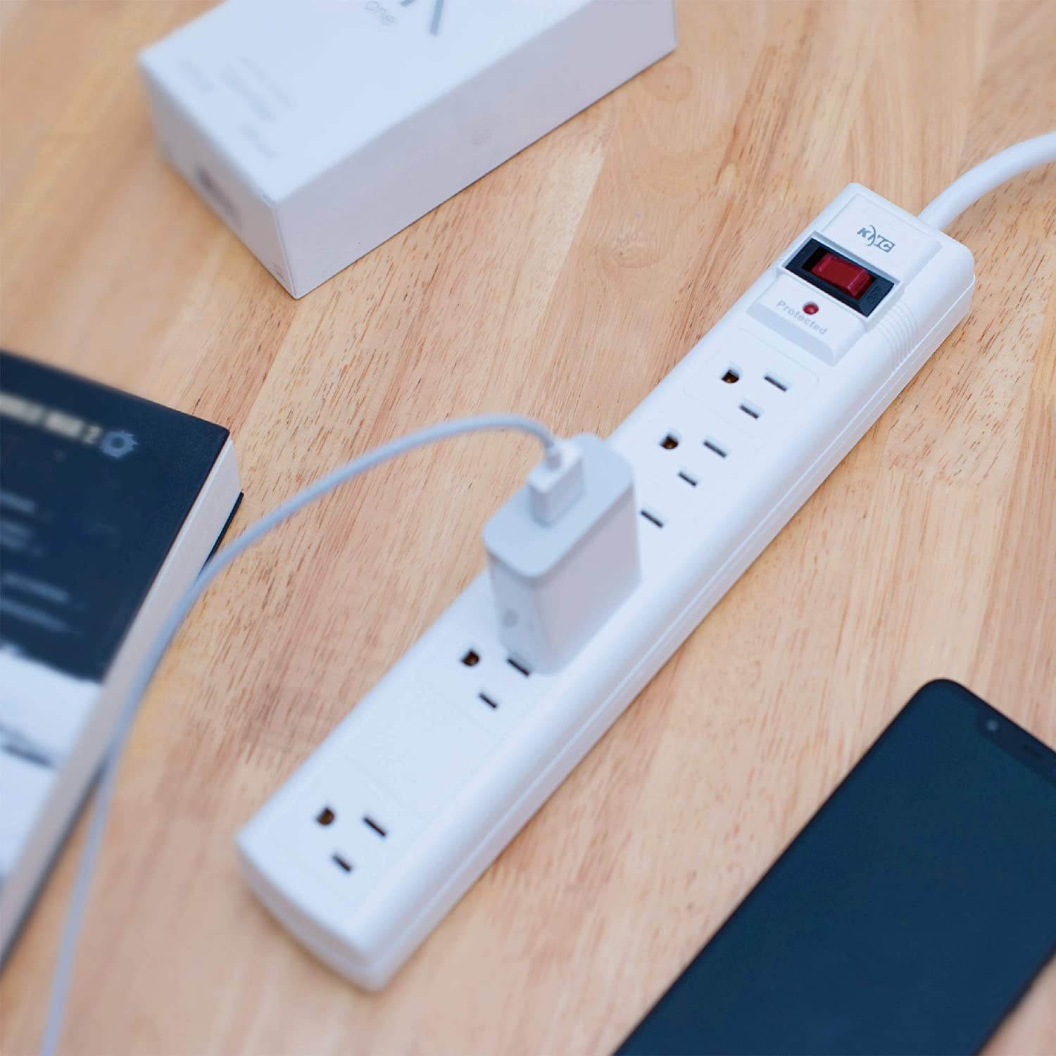 KMC 6-Outlet Surge Protector Power Strip with 6 Feet Cord, 1200 Joule 2- Pack, Overload Protection, White