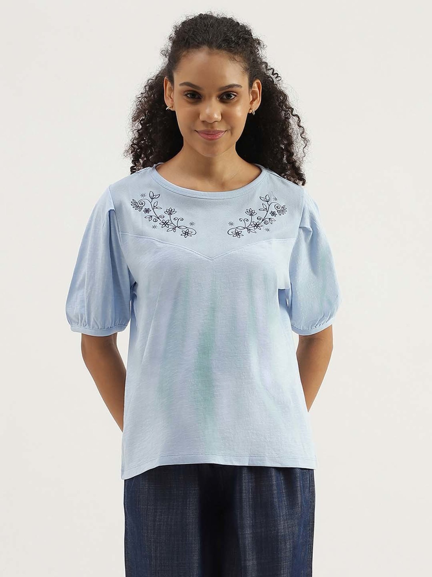 United Colors of Benetton Blue Cotton Embroidered Top