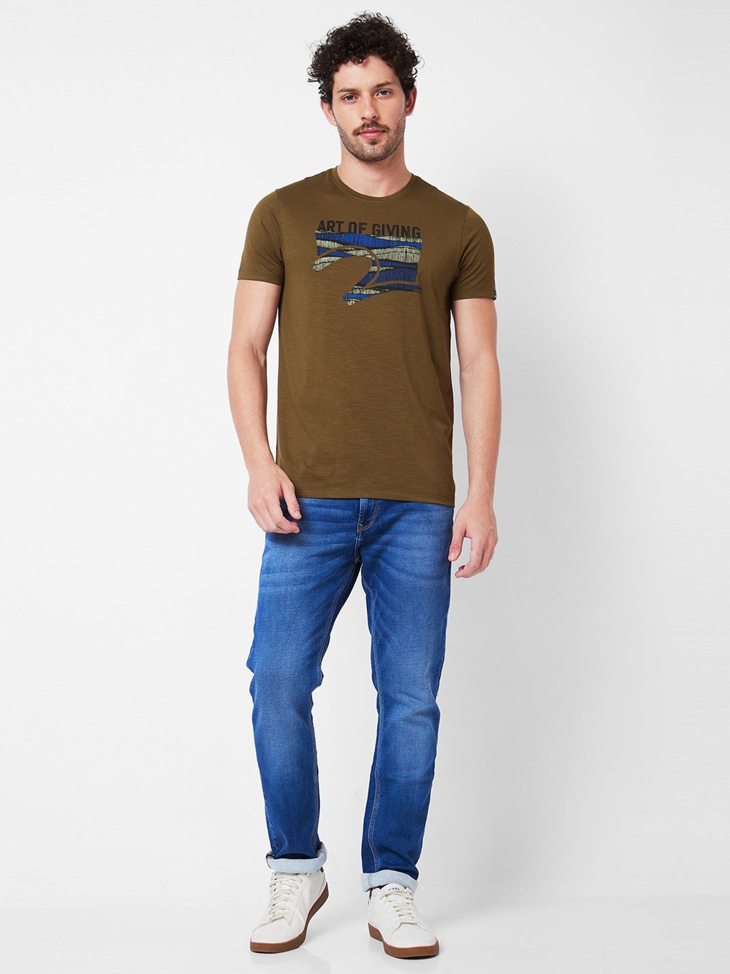 Spykar Olive Slim Fit Graphic Print Crew T-Shirt