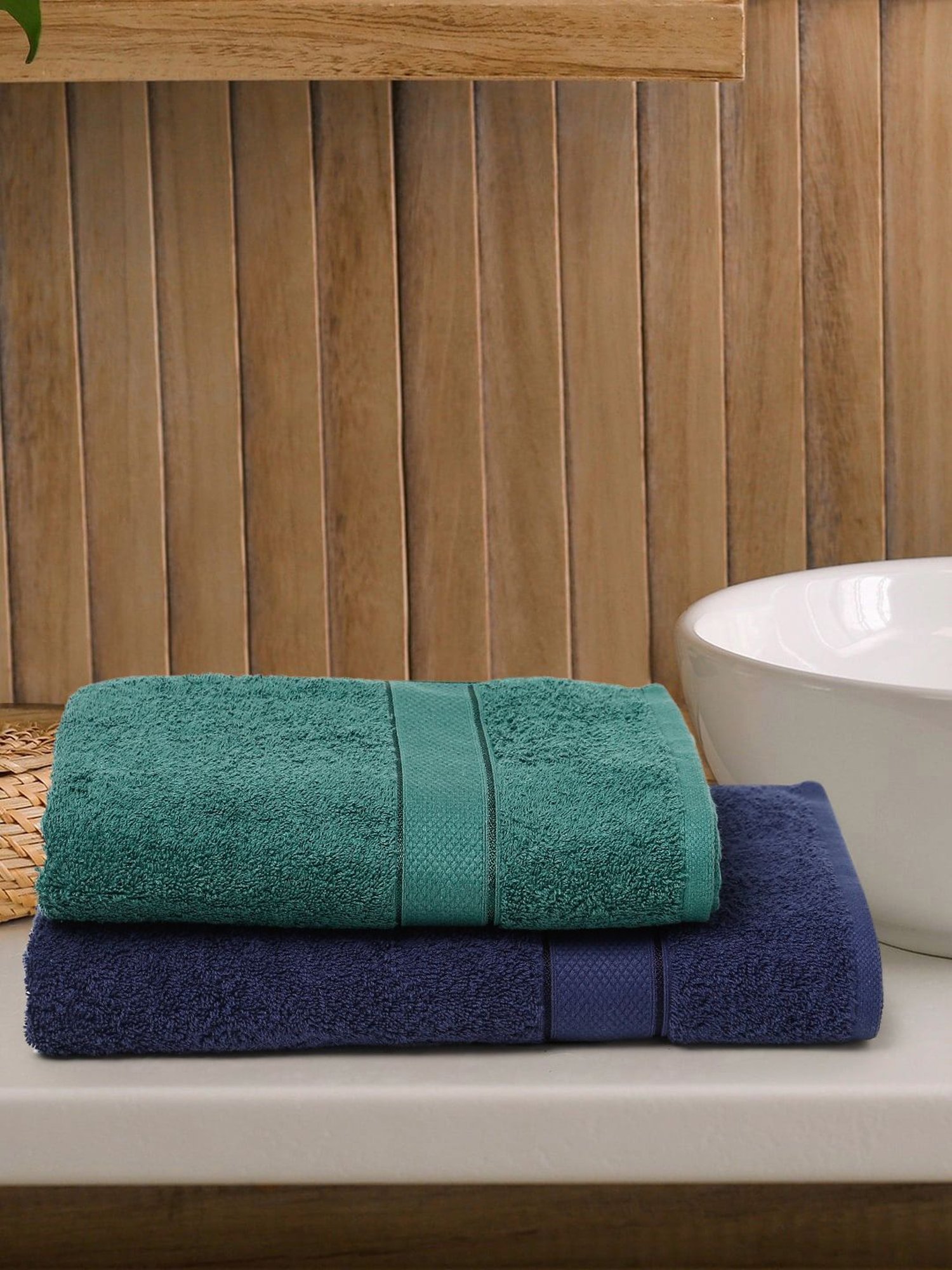 Creeva Navy & Dark Green 525 GSM Cotton Bath Towel Set of 2