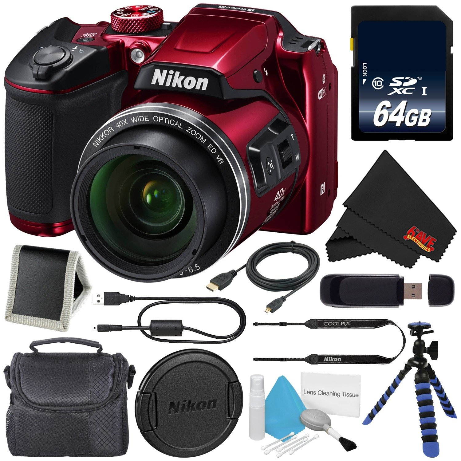 Nikon COOLPIX B500 Digital Camera (Red) 26508 + 64GB SDXC Class 10 Memory Card + Flexible Tripod with Gripping Rubber Legs + Small Soft Carrying Case + Micro HDMI Cable + SD Card USB Reader Bundle
