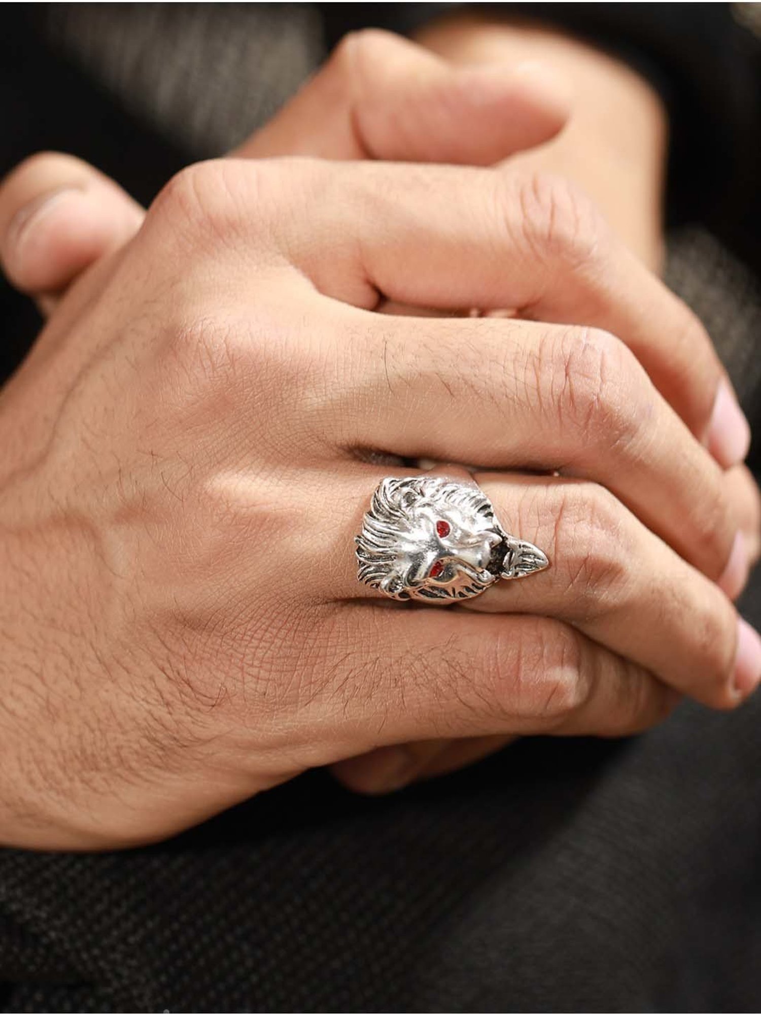 Bold by Priyaasi Red-Eyed Lion Oxidized Silver Ring for Men