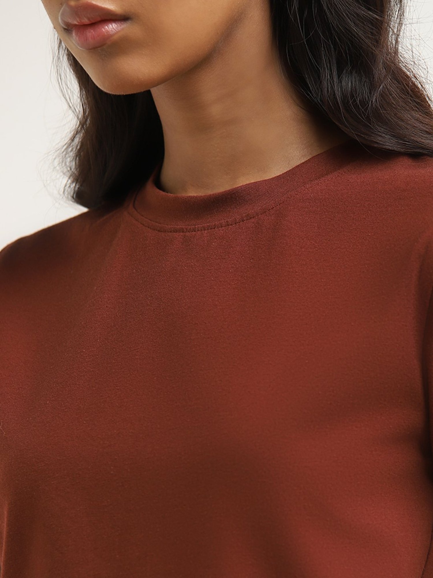 Nuon by Westside Dark Brown Solid Cotton Blend T-Shirt