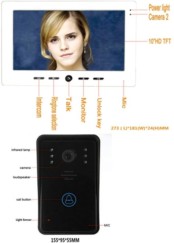 WG 10" Video Door Phone Intercom Doorbell Touch Button Remote Unlock Night Vision Security CCTV Camera Home Surveillance.1 5m 6-core Connection Cable