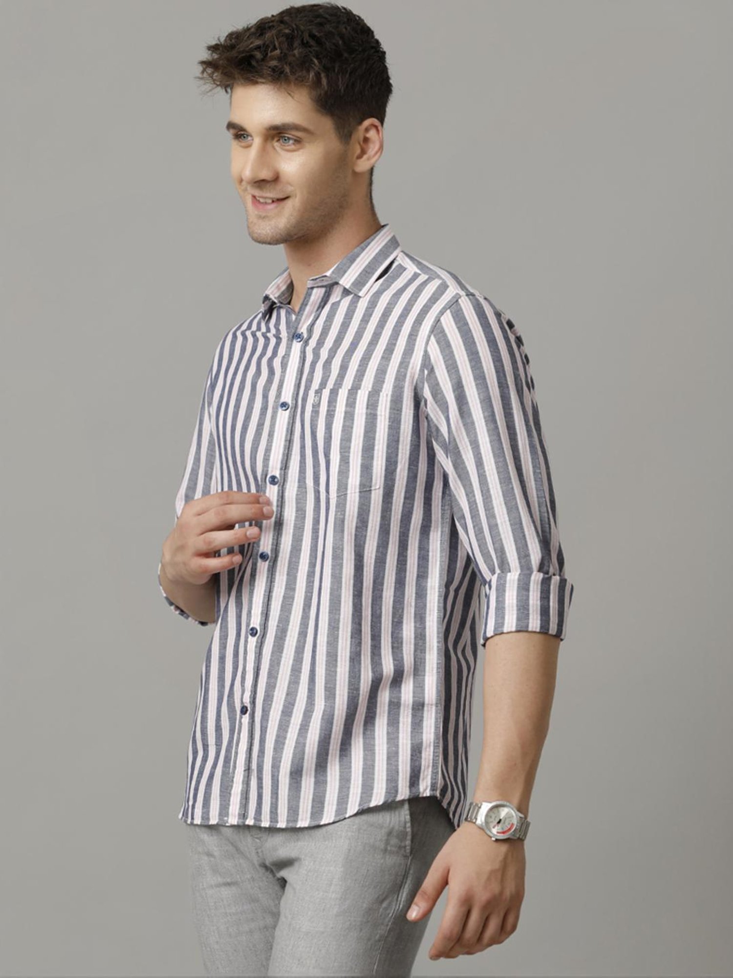Linen Club Grey Linen Contemporary Fit Striped Shirt