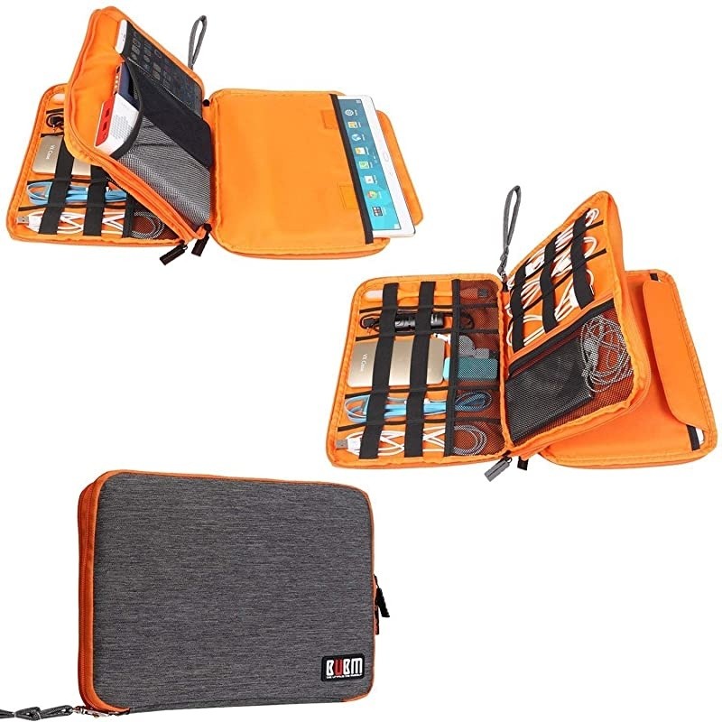 Travel Cable Organizer, Universal Electronic Accessories Bag Gear Storage for Cord, USB Flash Drive, Earphone and More, Perfect Size for iPad (Large, Grey and Orange)