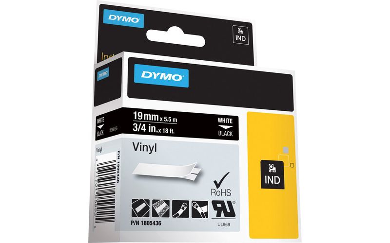 Dymo Colored 3/4" Vinyl Label Tape - Permanent Adhesive - 15/32" Width x 18 ft Length - Thermal Transfer - White - Vinyl - 1 Each